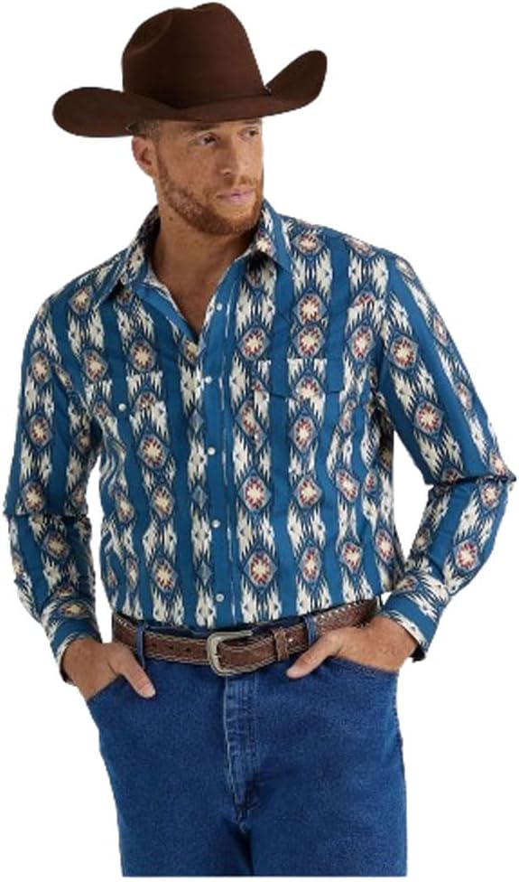 Wrangler Men's Checotah Western Long Sleeve Blue Shirt 112344419