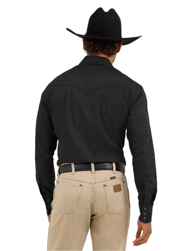 Wrangler Mens Black Western Snap Long Sleeve Solid Shirt Broadcloth- 71105BK