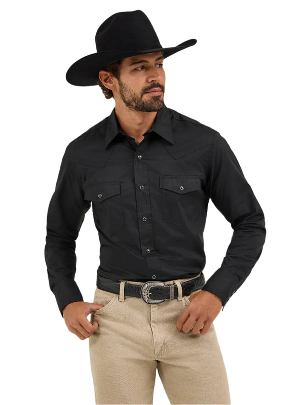 Wrangler Mens Black Western Snap Long Sleeve Solid Shirt Broadcloth- 71105BK