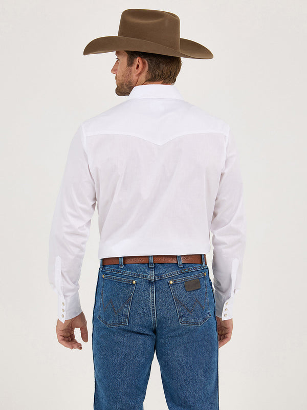 Wrangler Mens White Western Snap Long Sleeve Solid Shirt Broadcloth- 71105WH