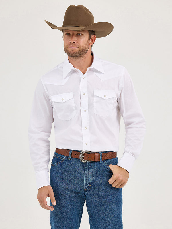 Wrangler Mens White Western Snap Long Sleeve Solid Shirt Broadcloth- 71105WH
