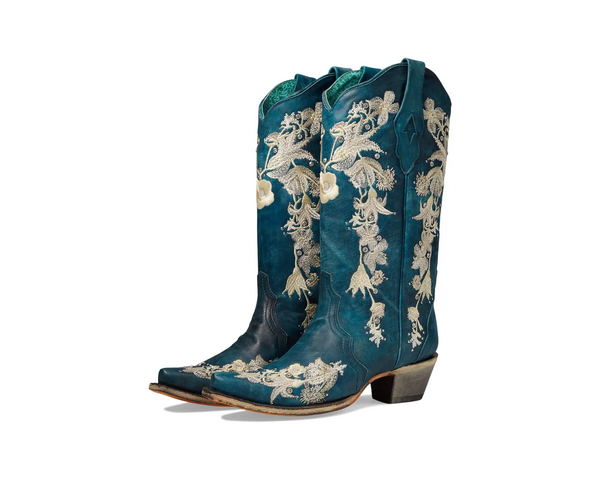 Corral Ladies Blue Flower Embroidery Boots-A4361