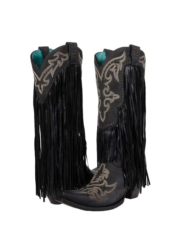 Corral Ladies Black Fringe Lamb Tall Snip Toe Cowgirl Boots C3706