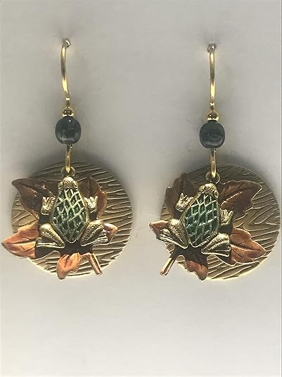 Silver Forest Frog on Leaf on Disc Pierced Earrings-NE-1828