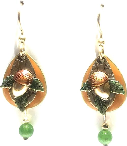 Silver Forest Acorn on Leaf over Orange and Gold Tears Pierced Earrings - NE-2281