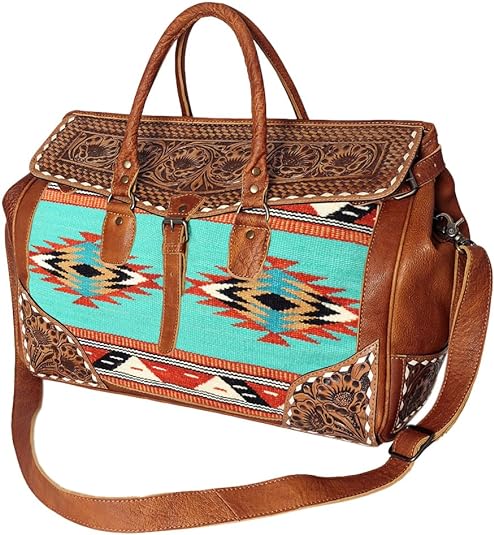 American Darling Aztec Saddle Blanket with Tooled Leather Overnight Bag - ADBG516K
