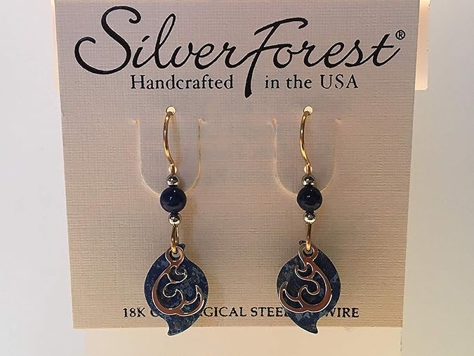 Silver Forest Earrings Open Curl on Blue Paisley - NE-1778