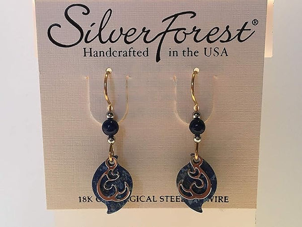 Silver Forest Earrings Open Curl on Blue Paisley - NE-1778