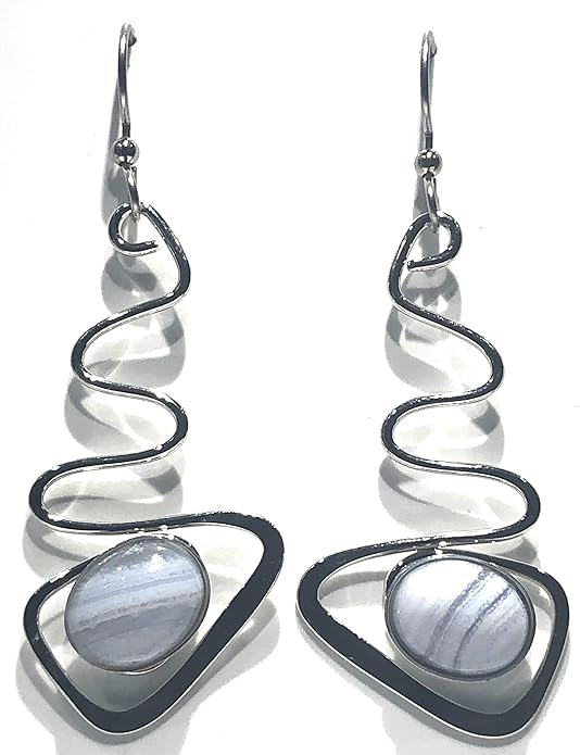 Silver Forest Earring Contemporary Zig -Zag with Oval Agate Stone - NE-1542D