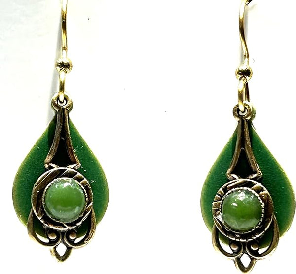Silver Forest Tear Drop with Filigree and Jade Stone Pierced Earrings NE-2354