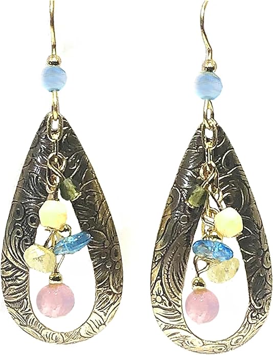 Silver Forest Earrings Bead Cascade in Textured Gold Tear Pierced-NE-2278