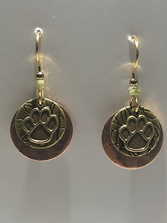Silver Forest Paw Print on Gold and Copper Rounds Earrings NE-2009