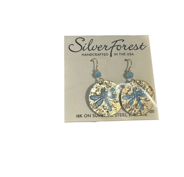 Silver Forest Silver Disc with Inset Dragonfly Earrings - NE-2273