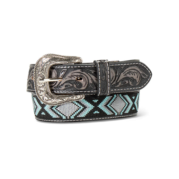 Ariat Black Tooled Belt with Black/Blue/Grey Embroidered Inlay A1041388