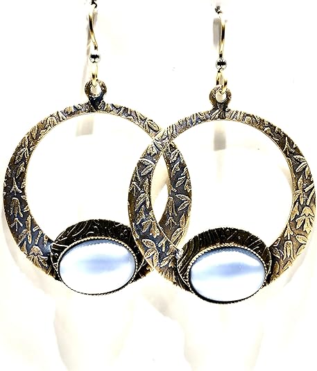 Silver Forest Flowered Textured Loop with Light Blue Stone Pierced earrings - NE-0805B
