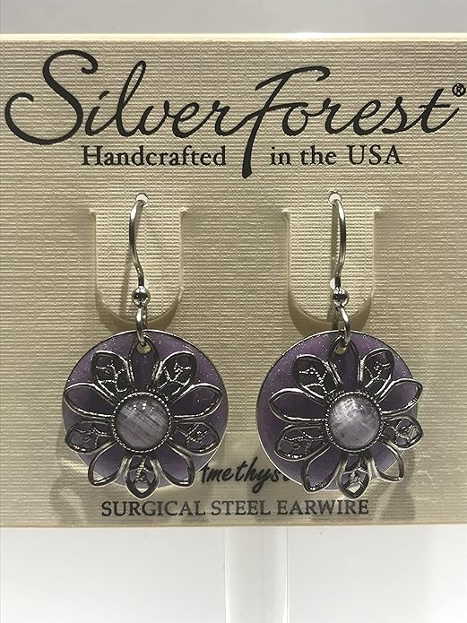 Silver Forest Round Amethyst and Silver Flower with Amethyst Stone Pierced earrings - NE-1690A