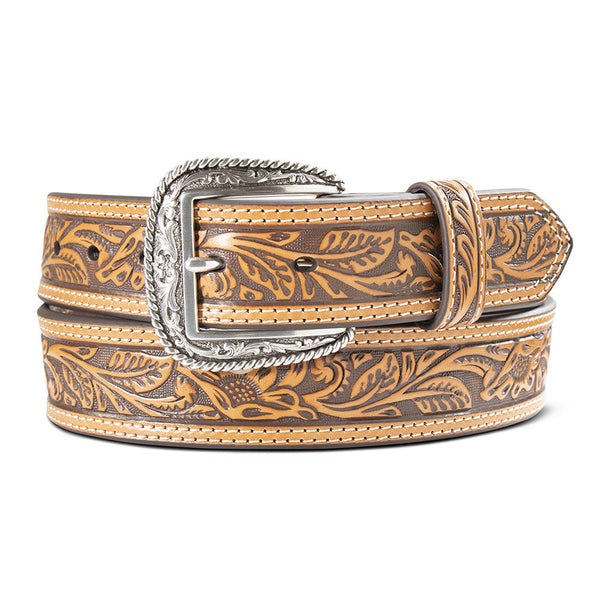 Ariat Men's Floral Tooled Double Stitch 1 1/2" Belt - Tan - A1012408