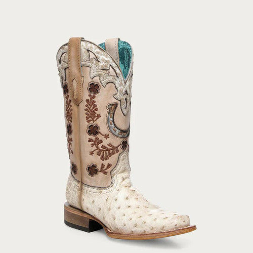 Corral Women's Boots  Ivory Ostrich With Horseshoe Overlay & Embroidery - A4850