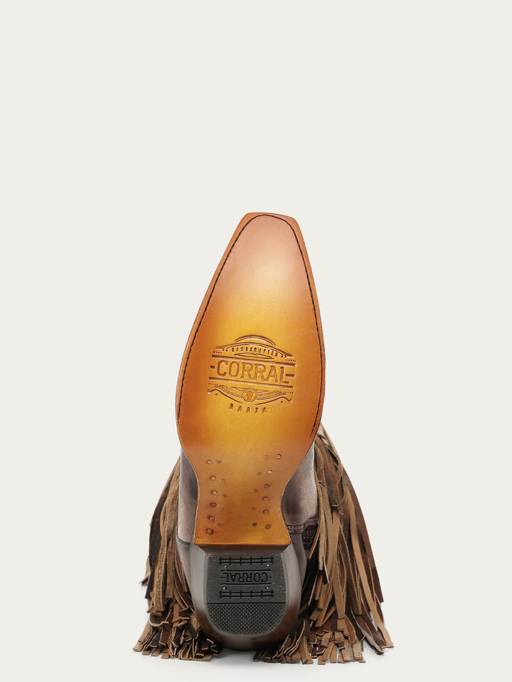 Corral Ladies Brown Overlay Fringe Tall Snip Toe Boot - A5244