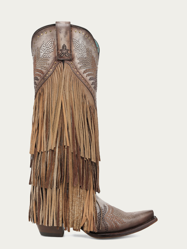 Corral Ladies Brown Overlay Fringe Tall Snip Toe Boot - A5244
