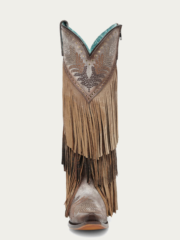 Corral Ladies Brown Overlay Fringe Tall Snip Toe Boot - A5244