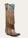 Corral Ladies Brown Overlay Fringe Tall Snip Toe Boot - A5244