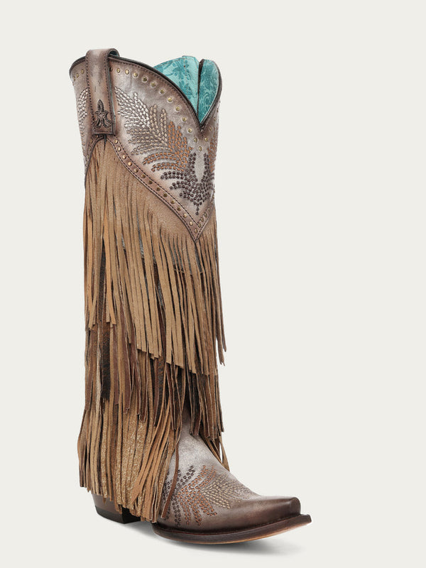 Corral Ladies Brown Overlay Fringe Tall Snip Toe Boot - A5244
