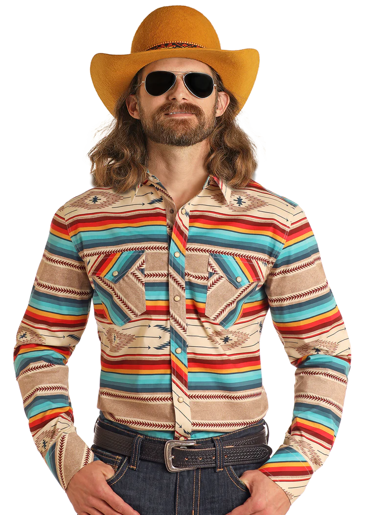 Rock & Roll Men's Slim Fit Southwestern Serape Long Sleeve Snap Shirt - BMN2S05475