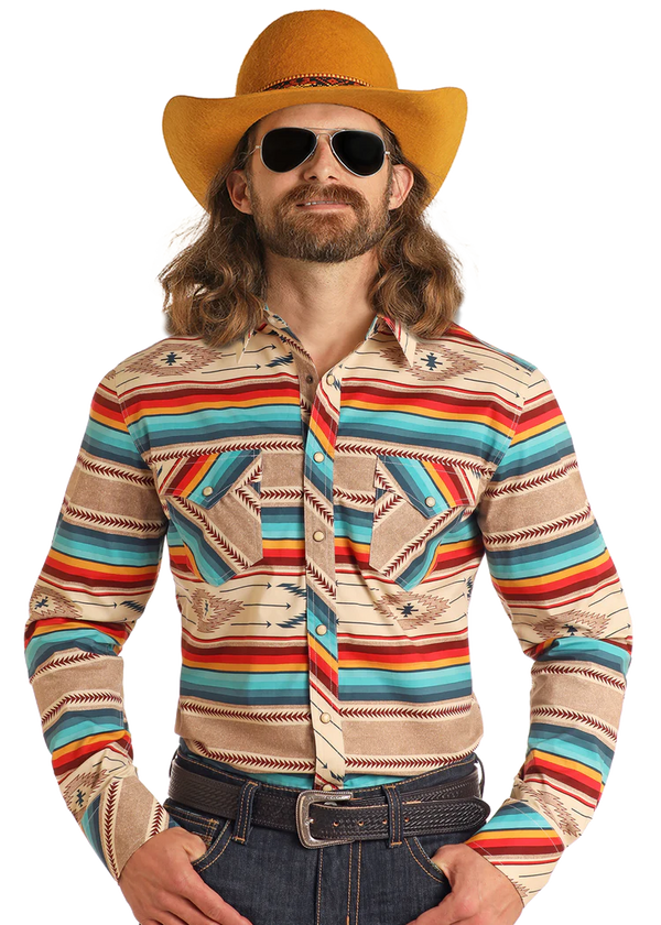 Rock & Roll Men's Slim Fit Southwestern Serape Long Sleeve Snap Shirt - BMN2S05475