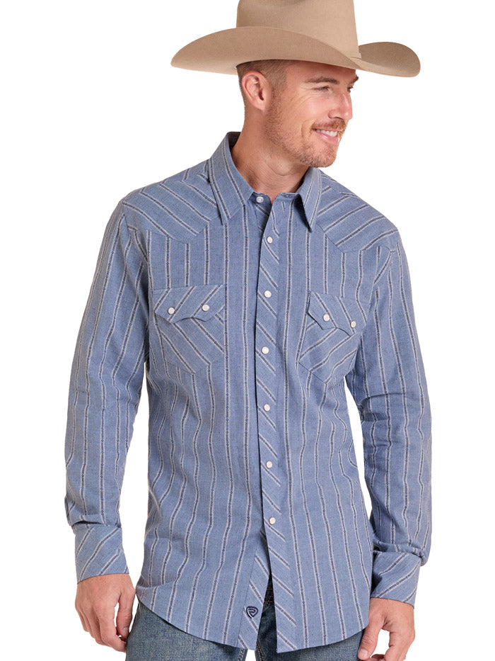 Rock & Roll Men's Dobby Yarn Dye Long Sleeve Snap Shirt Blue - BMN2S09434