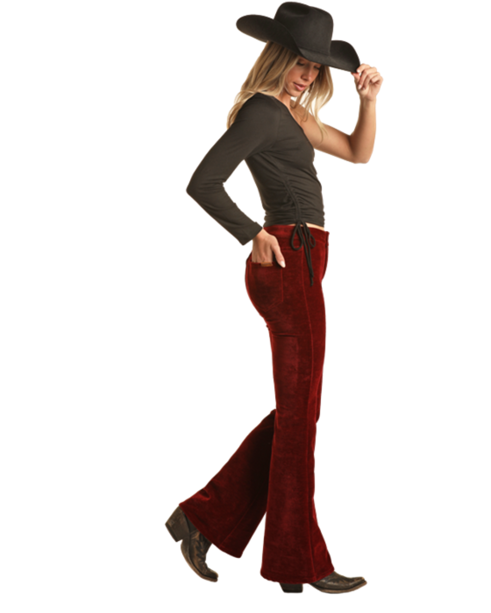 Ladies Rock & Roll Red Corduroy High Rise Button Flare Pants BW6PD02933
