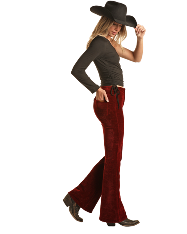 Ladies Rock & Roll Red Corduroy High Rise Button Flare Pants BW6PD02933