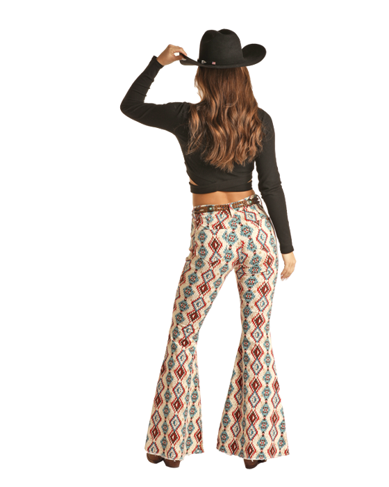 Ladies Rock & Roll Denim High Rise Extra Stretch Aztec Print Bell Bottom Jeans BW7PD02235