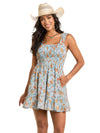 Rock & Roll Denim Ladies Floral Mini Dress With Gathers - Light Blue - BWD0R06271