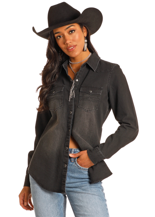 Rock and Roll Ladies Black Denim Shirt-BWN2S03703