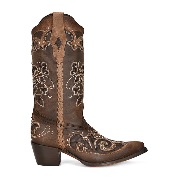 Corral Ladies Brown Inlay Embroidery Crystals & Woven Pointed Toe Boots C3933