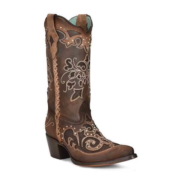 Corral Ladies Brown Inlay Embroidery Crystals & Woven Pointed Toe Boots C3933