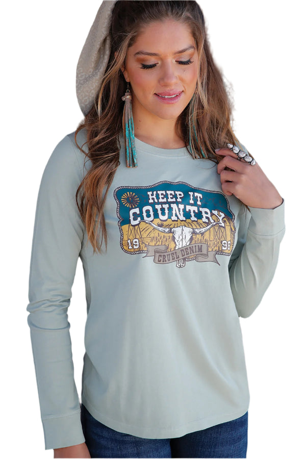 Cruel Girl Denim Ladies "Keep It Country" Long Sleeve Shirt - Green - CTK7459005