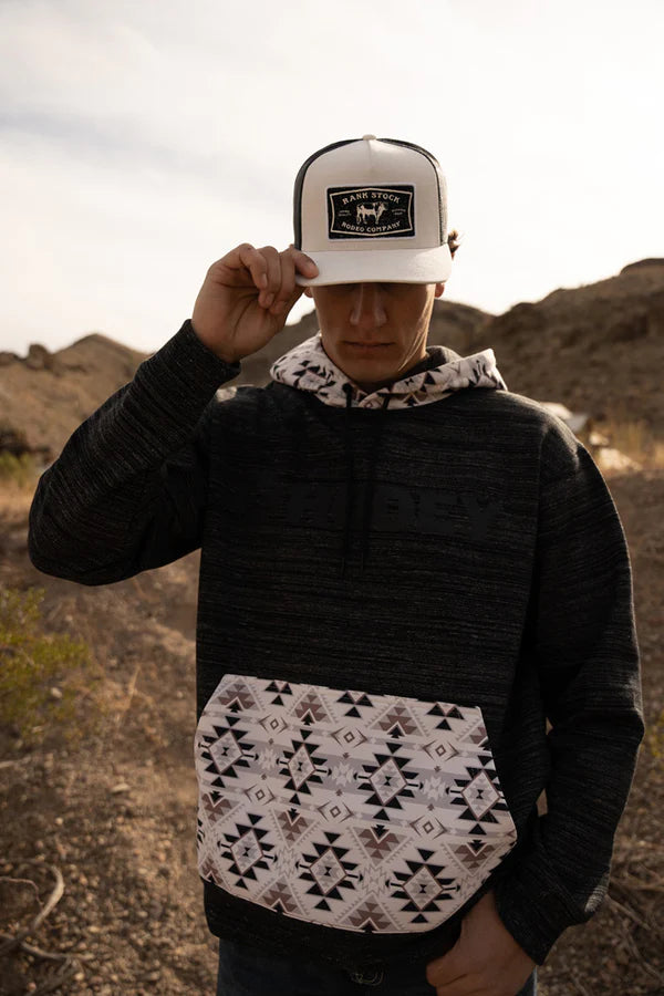 Hooey "Lock-Up" Men's Black Hoody With Black Logo Across the Chest with Aztec Pattern HH1232BKAZ