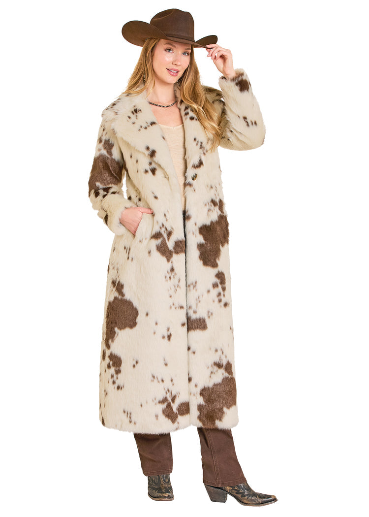 Panhandle Slim Ladies Cow Print Long Fur Coat-DW92C04155
