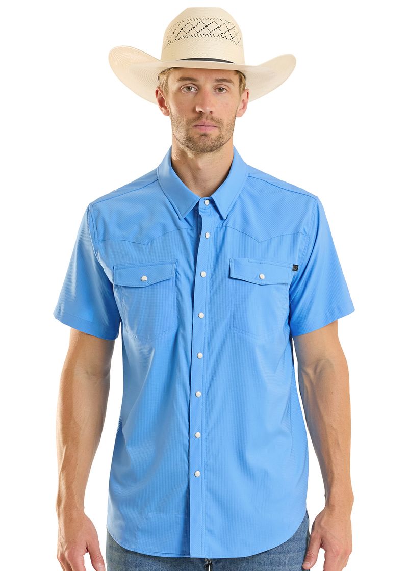 Rock N Roll Blue Tek Western Stretch Blue Short Sleeve-BMN3S06797