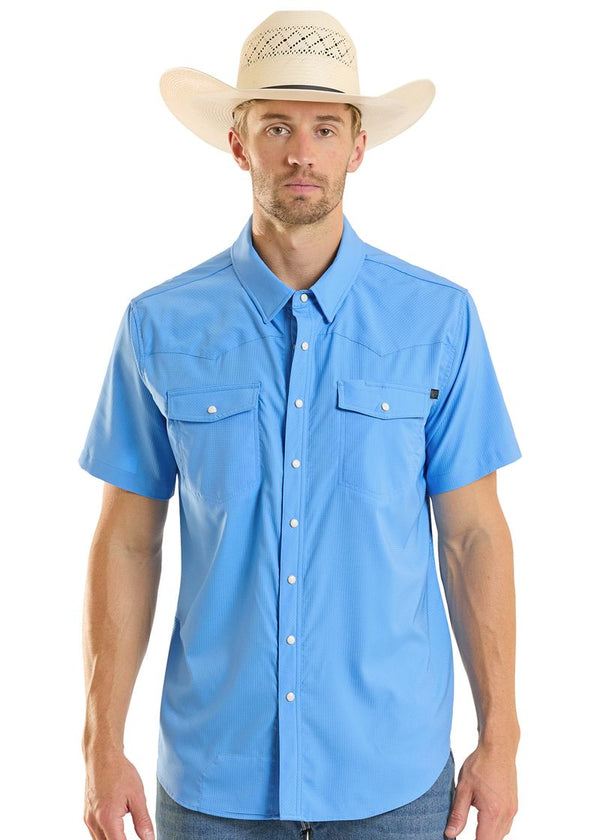 Rock N Roll Blue Tek Western Stretch Blue Short Sleeve-BMN3S06797