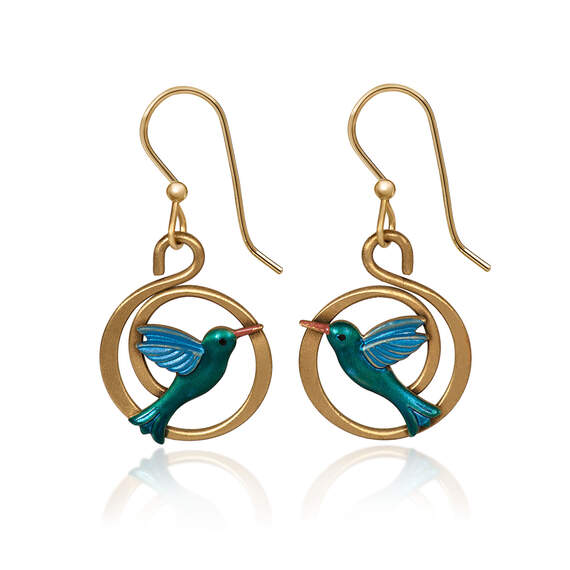 Silver Forest Hummingbird on Gold-Tone Coil Drop Earrings  - NE-2053