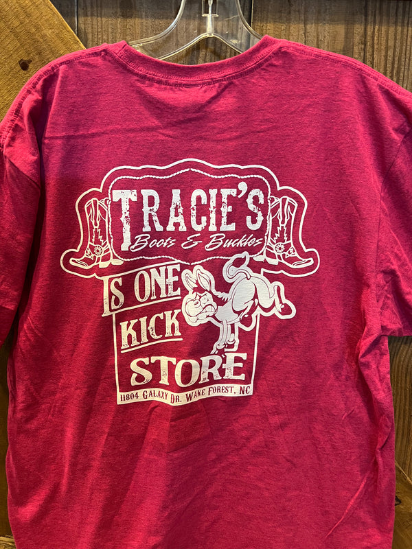 Tracie's Boots Buckles Short Sleeve Pink T Shirt
