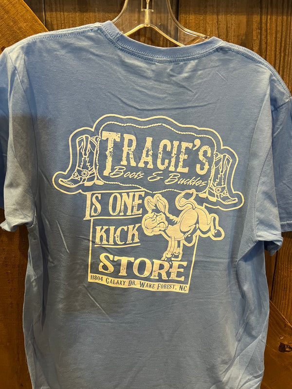 Tracie's Boots Buckles Short Sleeve Carolina Blue T Shirt