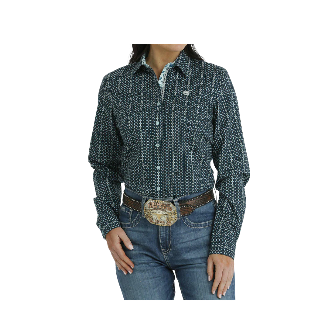 Cinch Ladies Button Down Western Diamond Print Blue Shirt