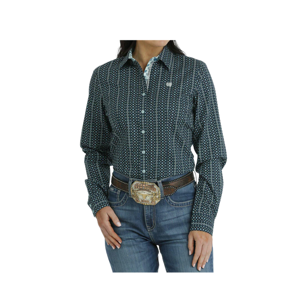 Cinch Ladies Button Down Western Diamond Print Blue Shirt