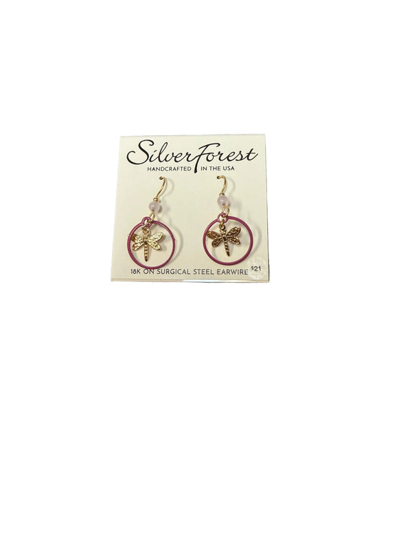 Silver Forest Dragonfly in Loop with Bead Earrings - NE-2484