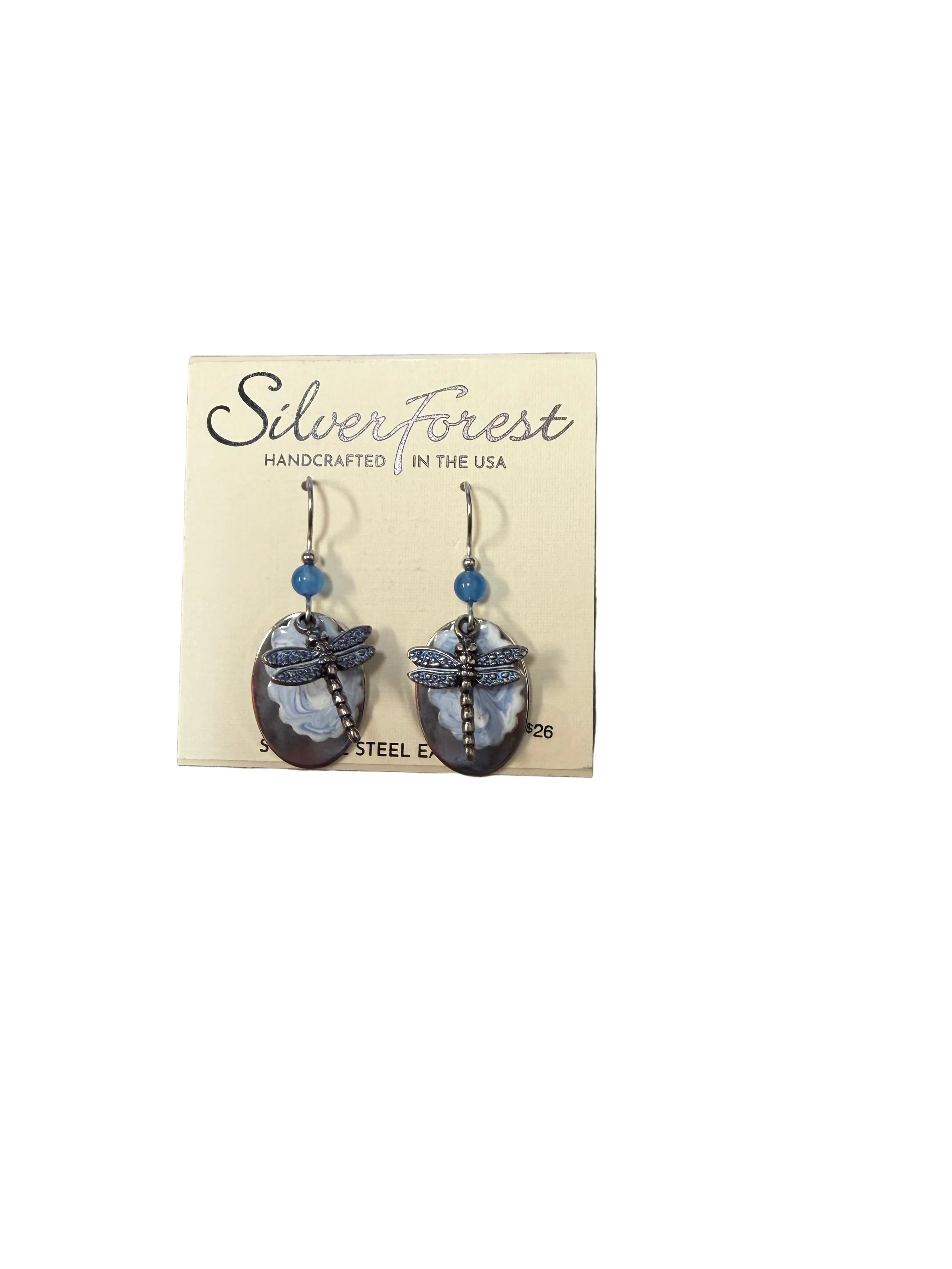 Silver Forest Dragonfly with Silver Oval on Cloud Earrings - E-8927A