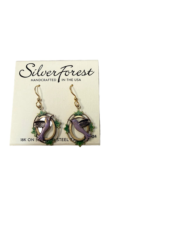 Silver Forest Hummingbird in Vintage Frame Earrings - NE-2359A